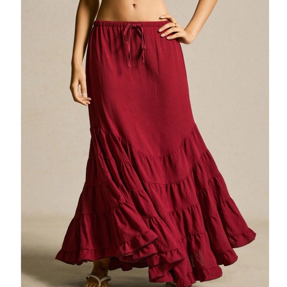 Boho Red Stretchy Drawstring Waist Ruffle hem Maxi Skirt - Picture 3 of 6